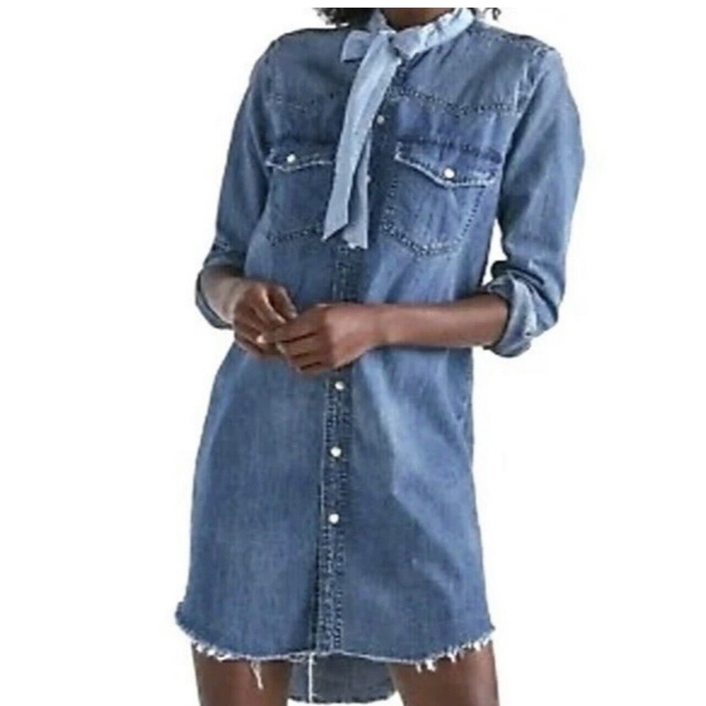 Lucky Brand Denim Western Dress Raw Hem Pearl Snap Cowgirl Dress Small NWT